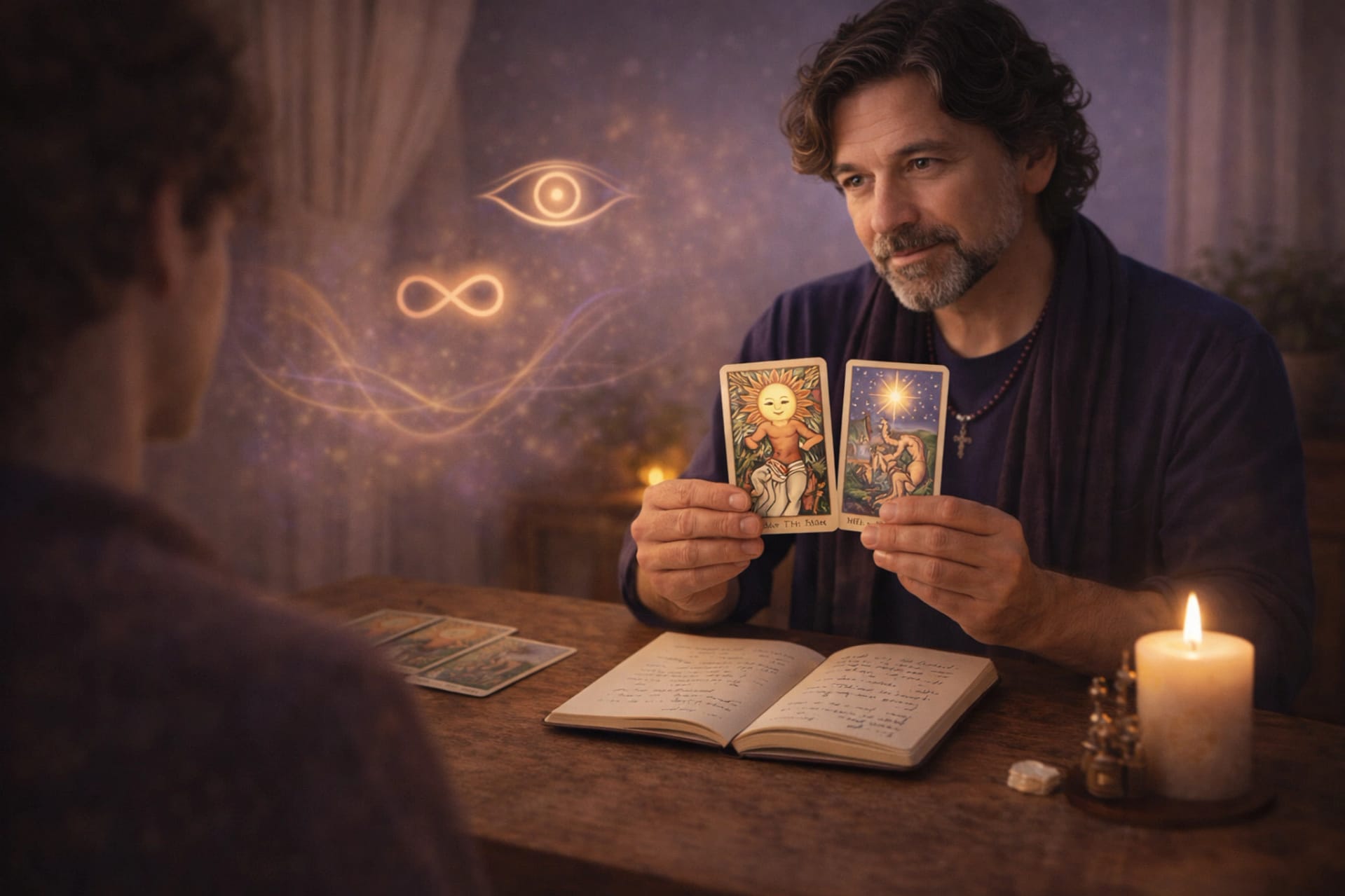 Médium réalisant une consultation de tarot en face à face, présentant des cartes symboliques pour une guidance spirituelle personnalisée