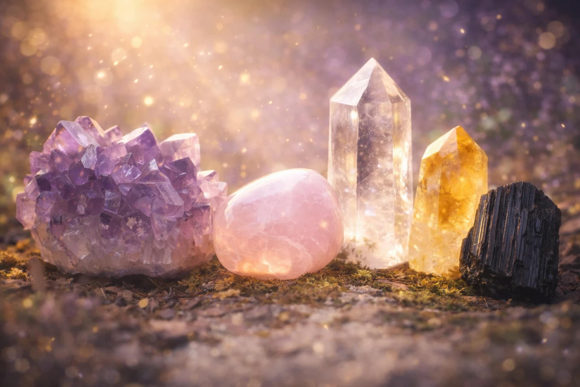 Cristaux d’améthyste, quartz rose, cristal de roche et citrine illuminés par une lumière dorée, représentant la lithothérapie et l’énergie spirituelle naturelle.