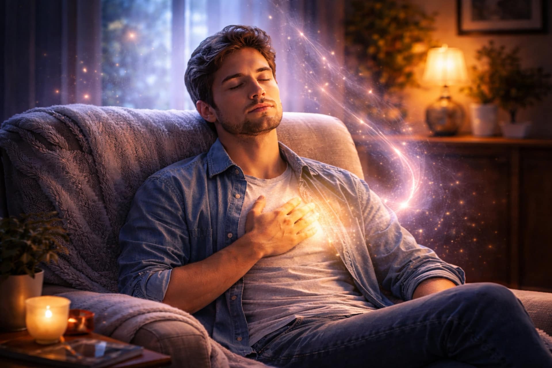 Homme assis les yeux fermés avec une lumière au niveau du cœur, représentant la méditation, l’énergie du cœur et la guérison émotionnelle.