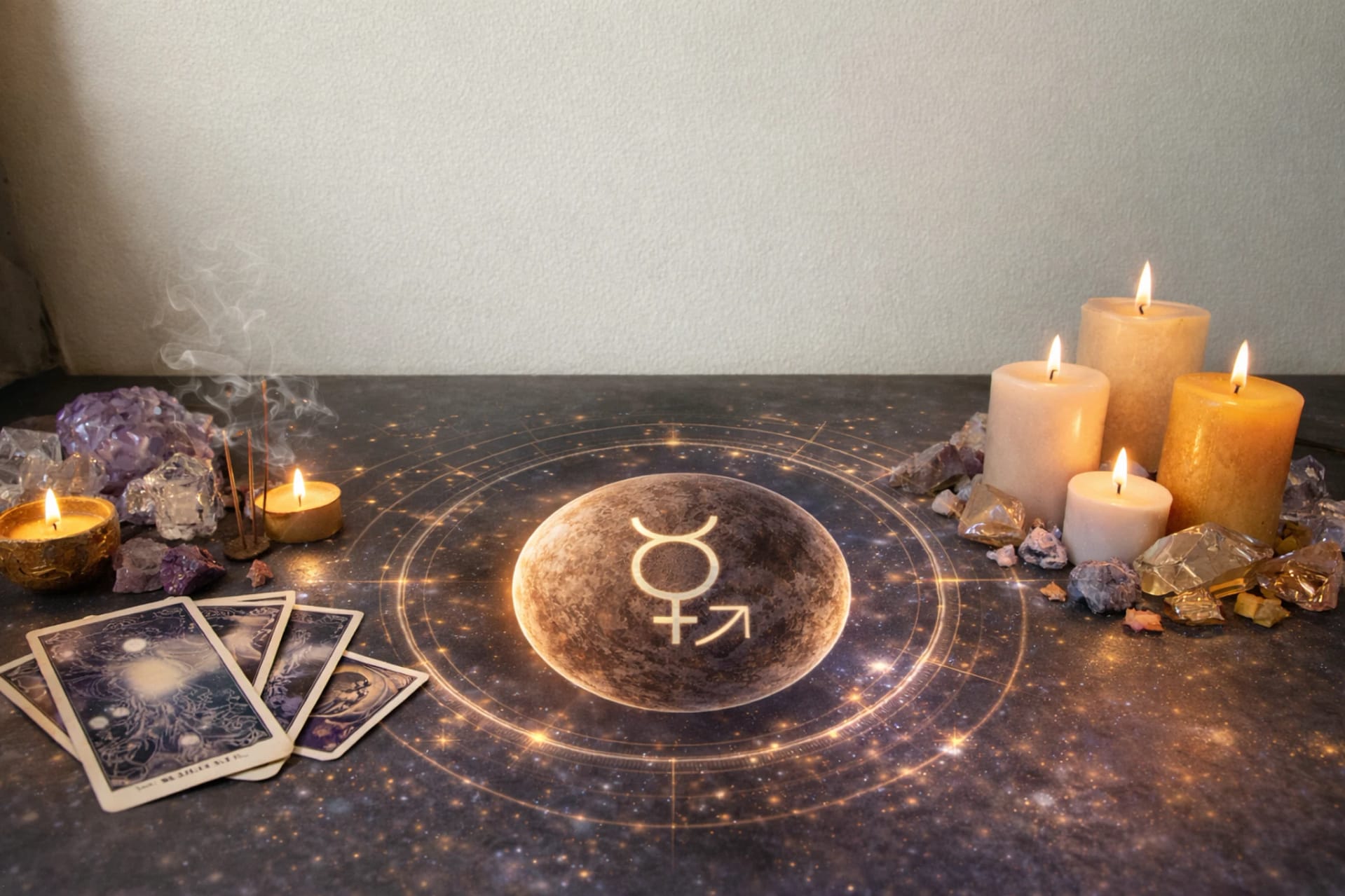 Symbole de Mercure rétrograde lumineux au centre d’un cercle astrologique, entouré de cartes de tarot, cristaux et bougies, représentant les influences énergétiques en astrologie.