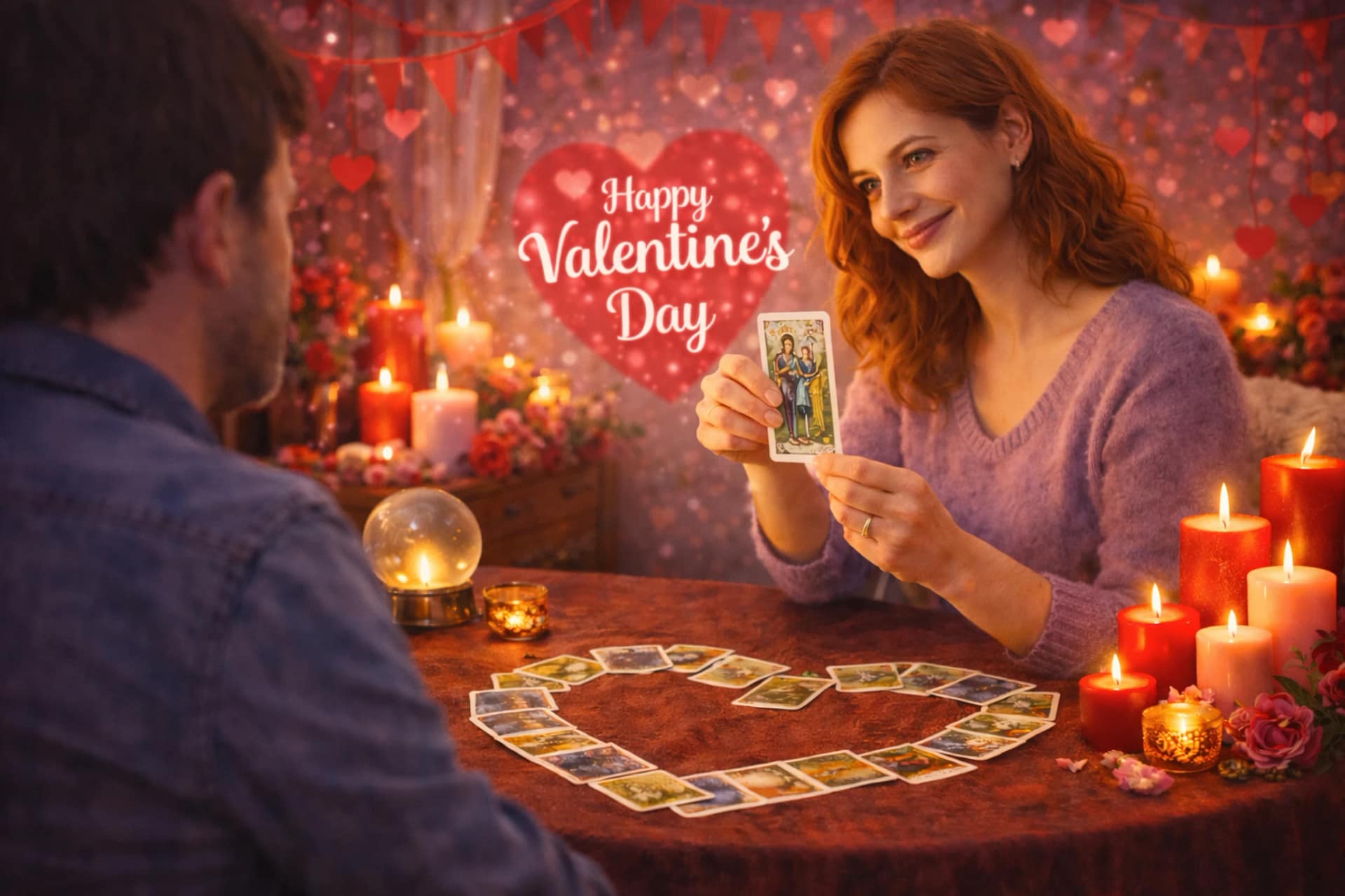 Médium réalisant une consultation de voyance amoureuse pour la Saint-Valentin, cartes de tarot disposées en cœur sur la table, bougies rouges allumées et décor romantique en arrière-plan.