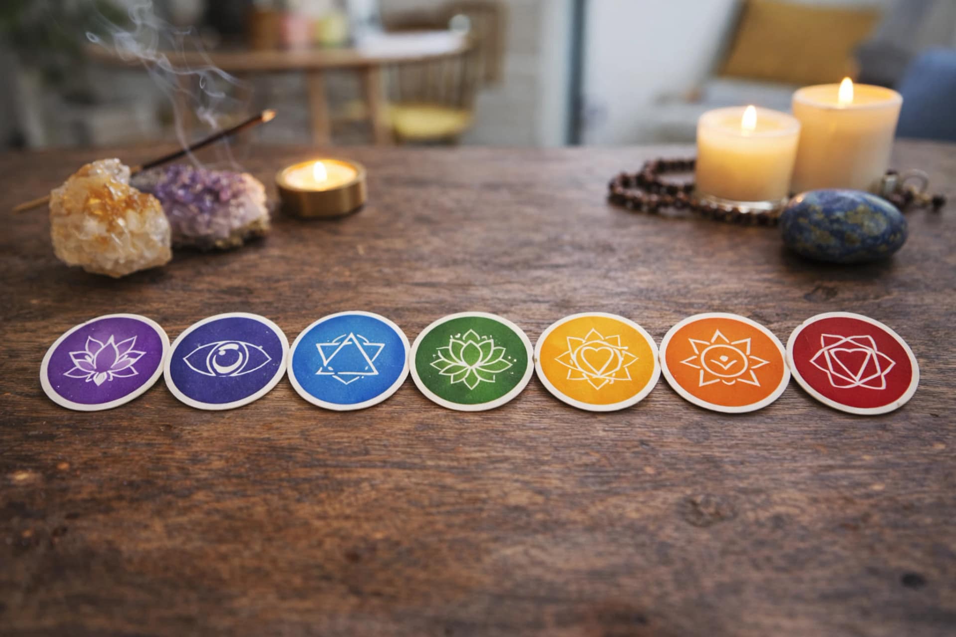 Symboles colorés des sept chakras alignés sur une table avec bougies et cristaux, représentant les centres énergétiques et l’harmonisation spirituelle.