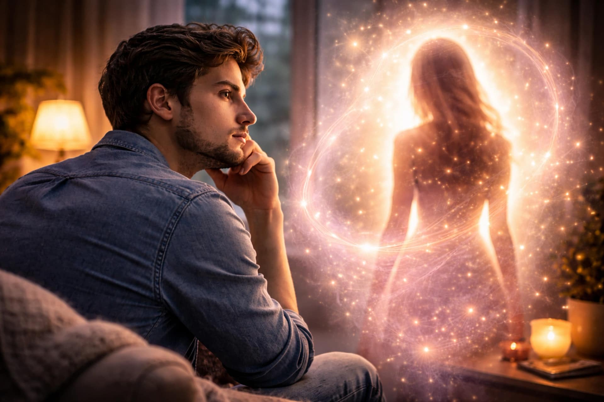 Homme pensif regardant une silhouette lumineuse représentant un amour passé ou une connexion spirituelle, symbolisant les liens émotionnels, les souvenirs amoureux et l’attachement énergétique.