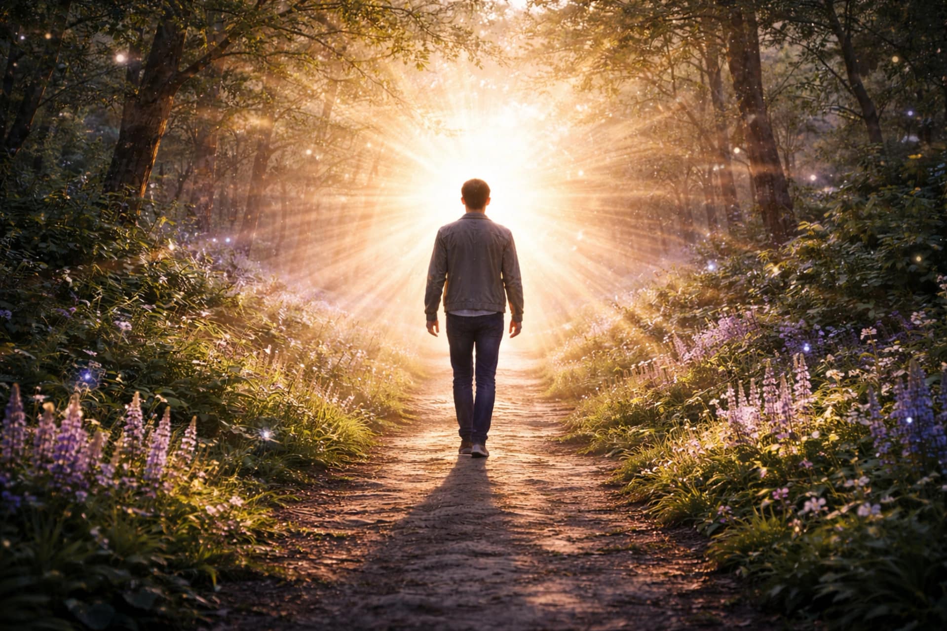 Homme marchant sur un chemin vers une lumière brillante en forêt, représentant le chemin spirituel, l’éveil de conscience et la transformation personnelle.