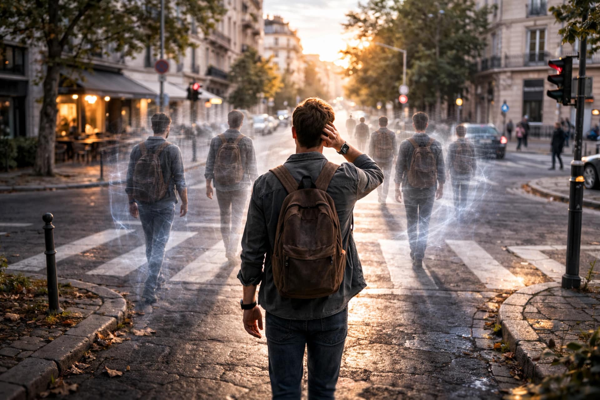 Homme observant plusieurs versions de lui-même sur un passage piéton, représentant les choix de vie, les décisions importantes et les chemins du destin.