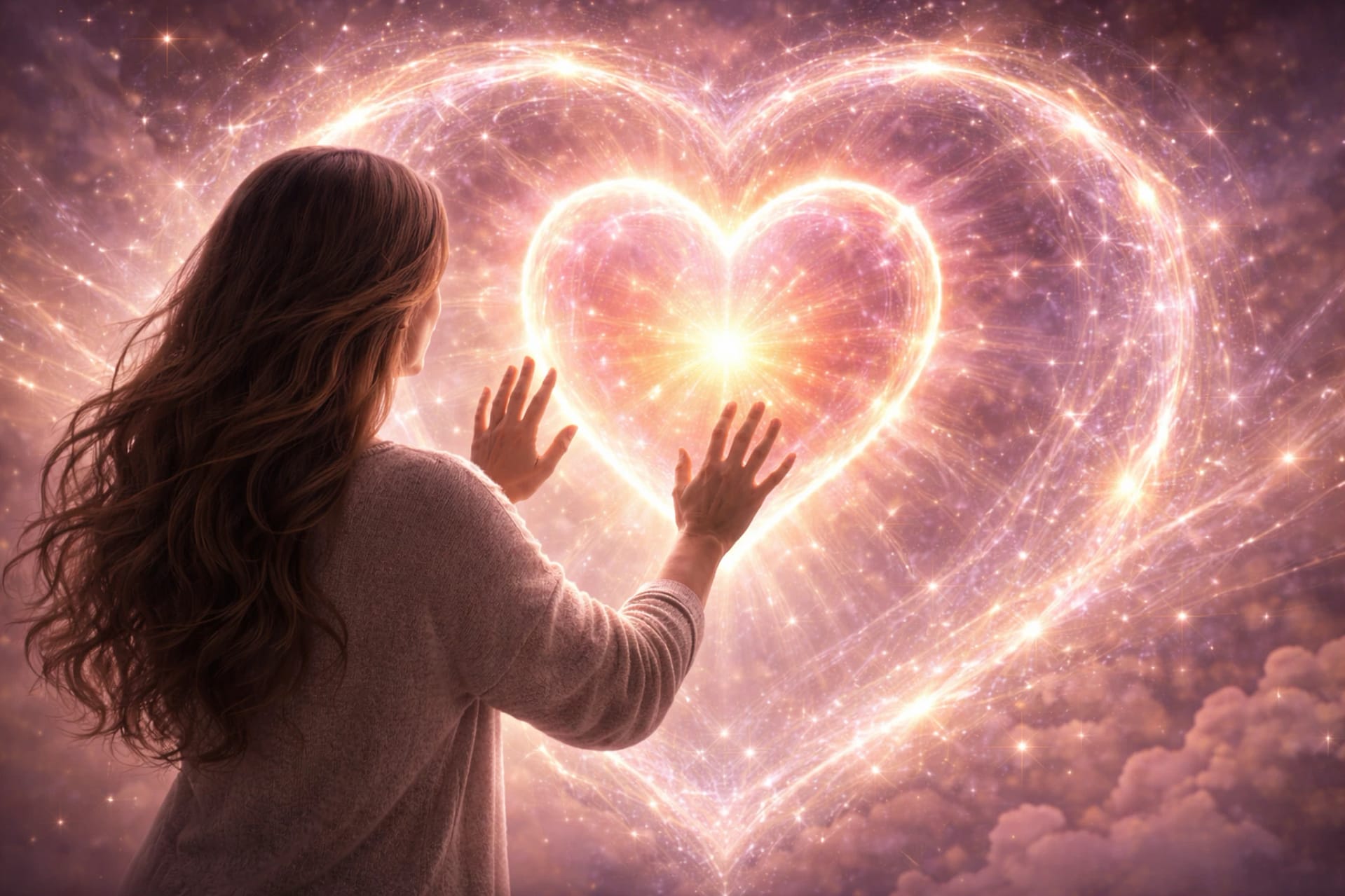 Femme tendant les mains vers un cœur lumineux d’énergie dans un univers cosmique, représentant l’amour spirituel, la guérison émotionnelle et le chakra du cœur.