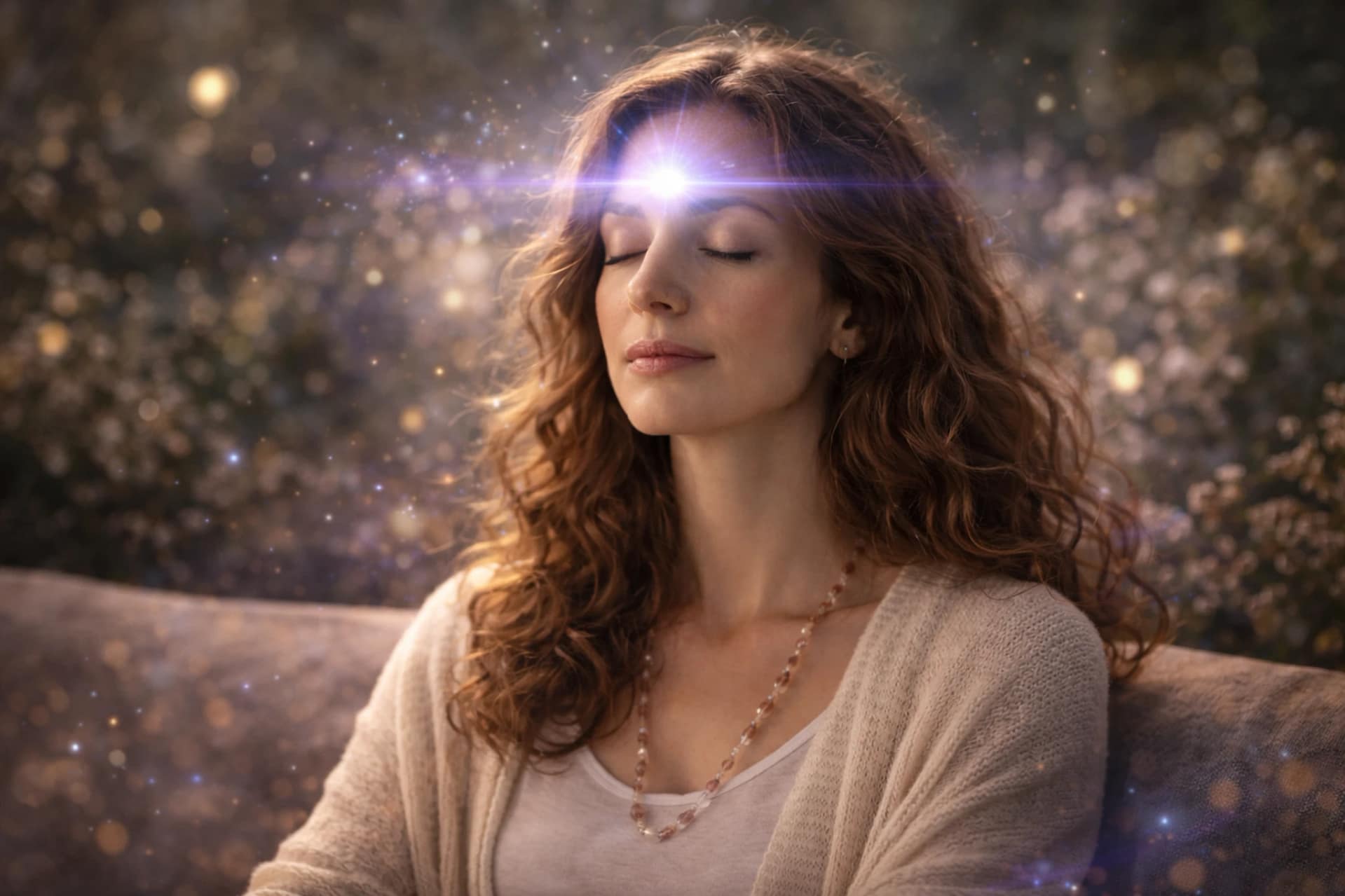 Femme méditant avec une lumière énergétique sur le front au niveau du troisième œil, symbolisant l’intuition, la clairvoyance et l’éveil spirituel.