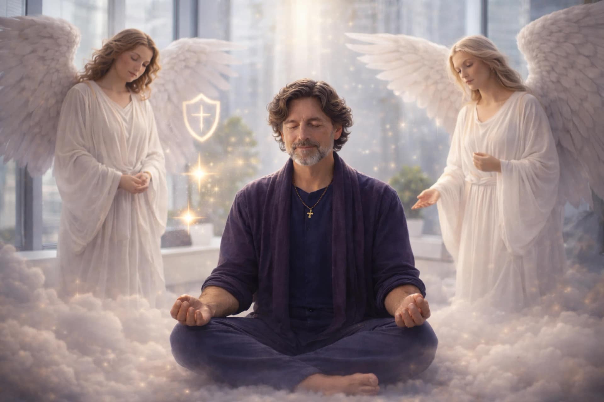 Homme en méditation entouré de guides spirituels et d’anges protecteurs dans une atmosphère lumineuse et apaisante