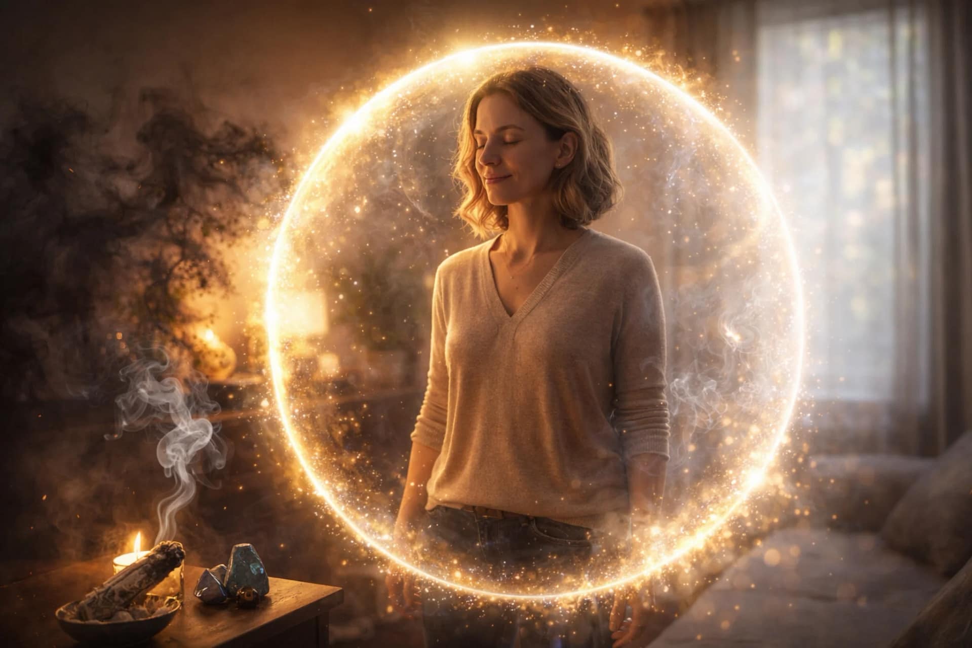 Femme entourée d’un cercle lumineux de protection énergétique dans une ambiance spirituelle apaisante