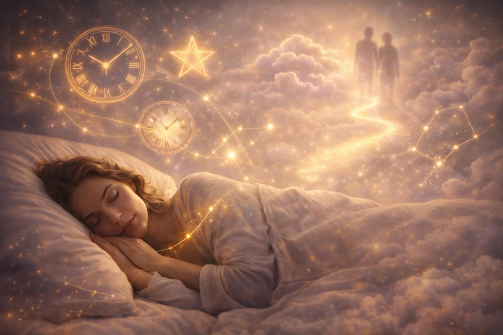 Femme endormie entourée de symboles lumineux représentant des rêves spirituels, des messages de voyance et une guidance de l’âme pendant le sommeil