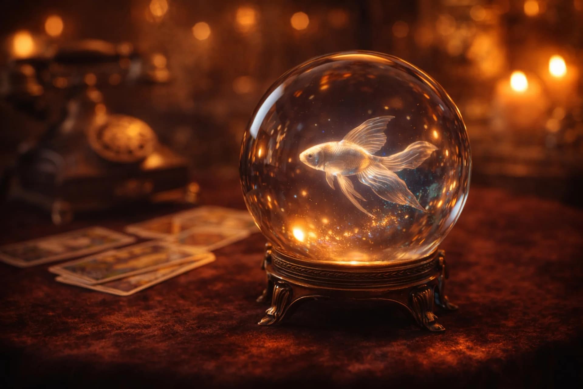 Photographie artistique en gros plan d'un bocal à poisson sphérique en verre contenant un poisson rouge vivant, posé sur un support en bronze orné sur une table en velours. La sphère est entourée d'un riche assortiment d'artefacts ésotériques : grimoires ouverts, herbes séchées, flacons, pierres runiques, et l'un des grimoires affiche clairement en français : "LES CARTES DU CIEL, UN GUIDE ALCHIMIQUE". En arrière-plan, un ancien téléphone et un astrolabe sont floutés dans une lumière chaude de bougies.