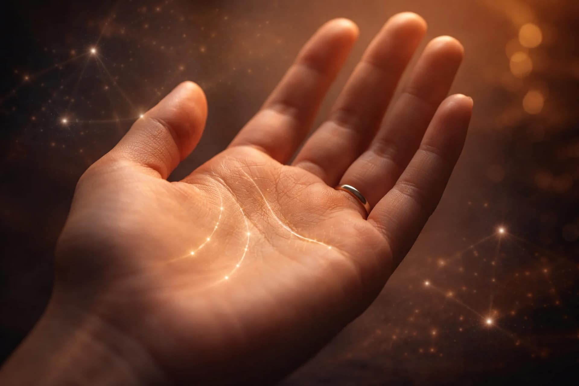 Photographie artistique en gros plan d'une main de femme ouverte, orientée vers le ciel. La paume est illuminée de l'intérieur par une constellation lumineuse et complexe, dont les points scintillent comme des étoiles. Un anneau d'or simple est visible sur un doigt. L'arrière-plan est un cosmos profond et tourbillonnant, rempli de gaz interstellaires dorés et pourpres, de poussière cosmique et d'une myriade d'étoiles et d'orbes de lumière.