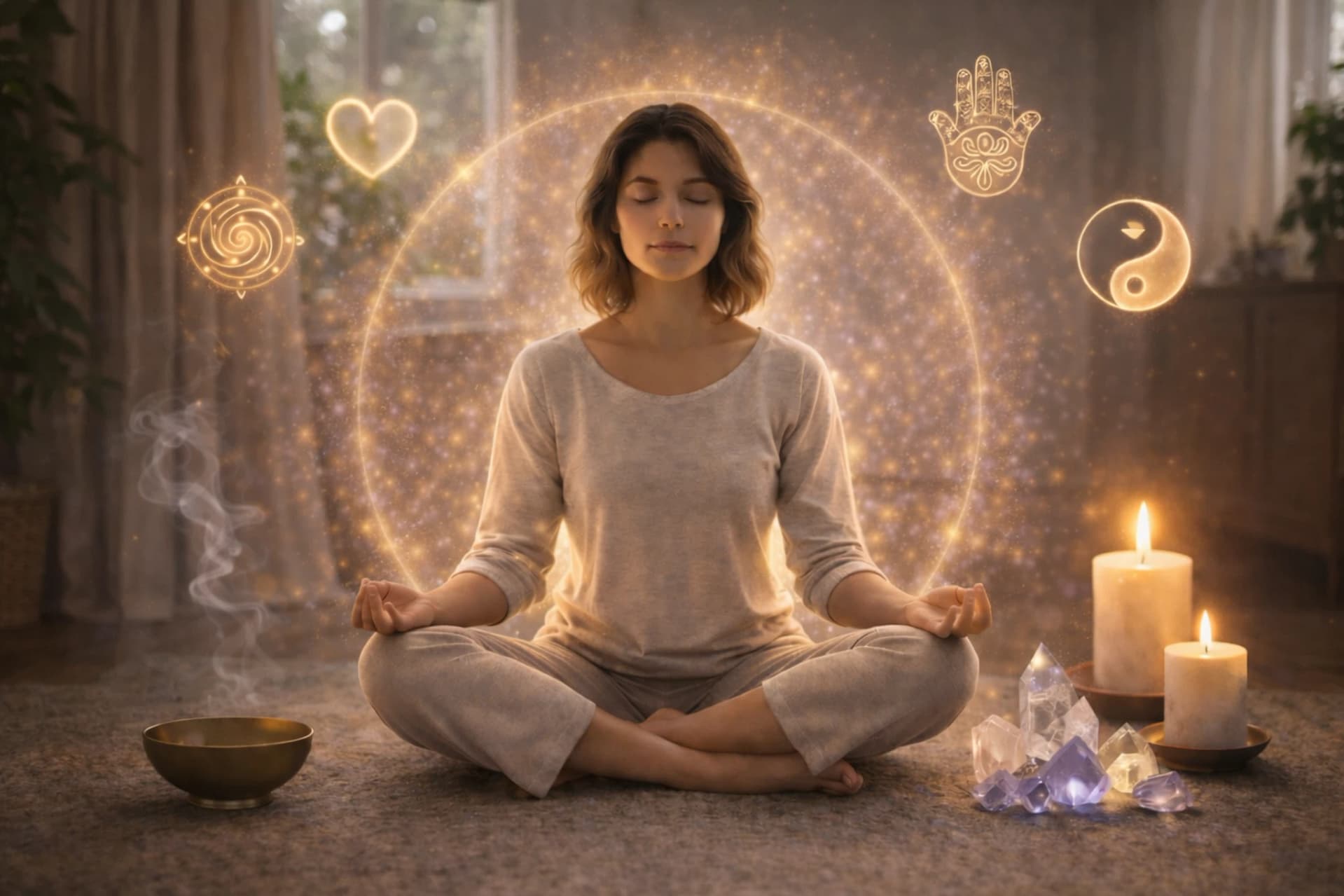 Femme en méditation profonde entourée d’un champ d’énergie lumineuse, symboles spirituels, cristaux et bougies représentant l’harmonie et l’élévation intérieure