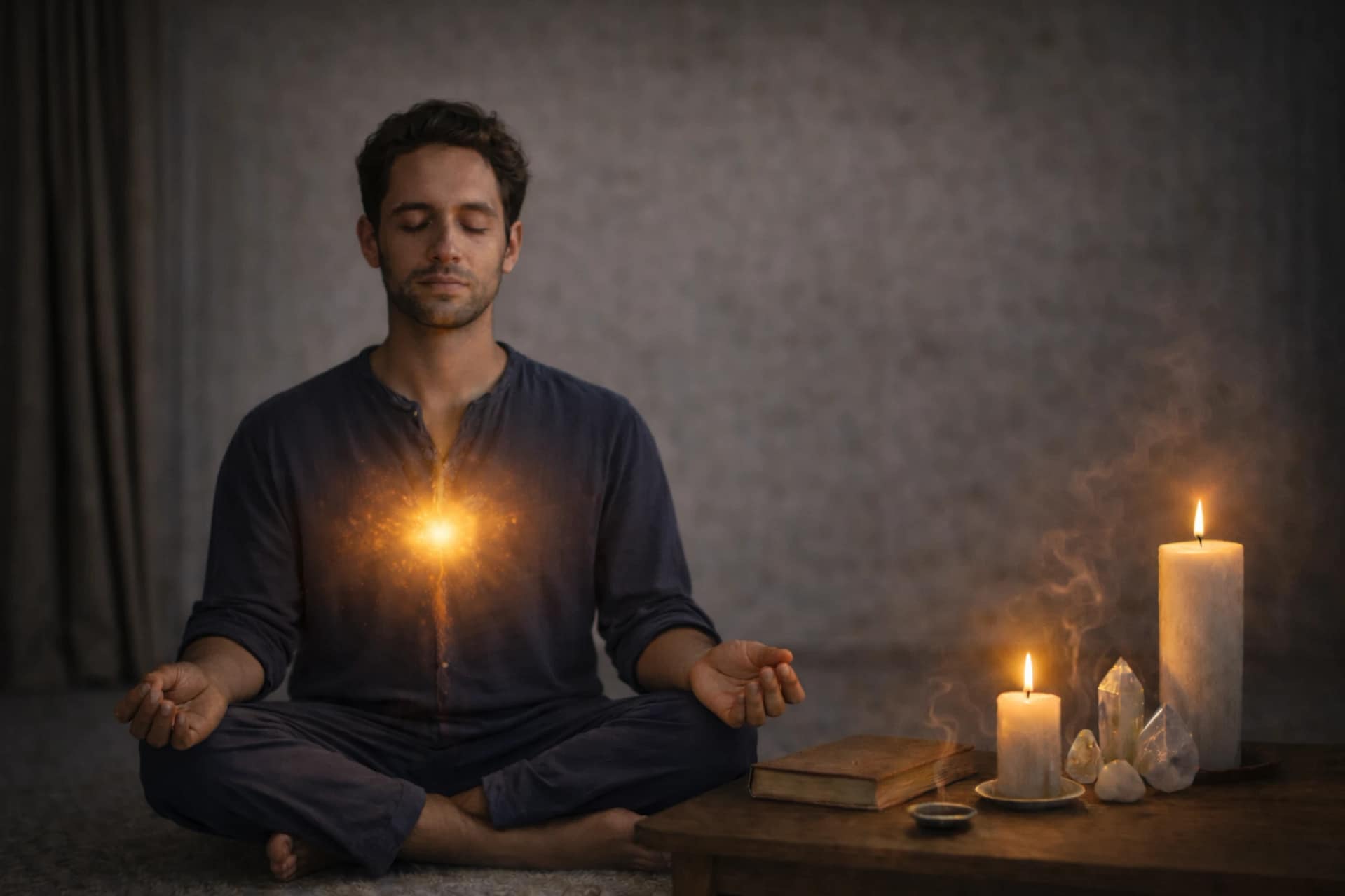 Homme en méditation assise avec une lumière dorée au niveau du cœur, symbolisant la protection énergétique, l’ancrage et l’harmonisation des énergies intérieures