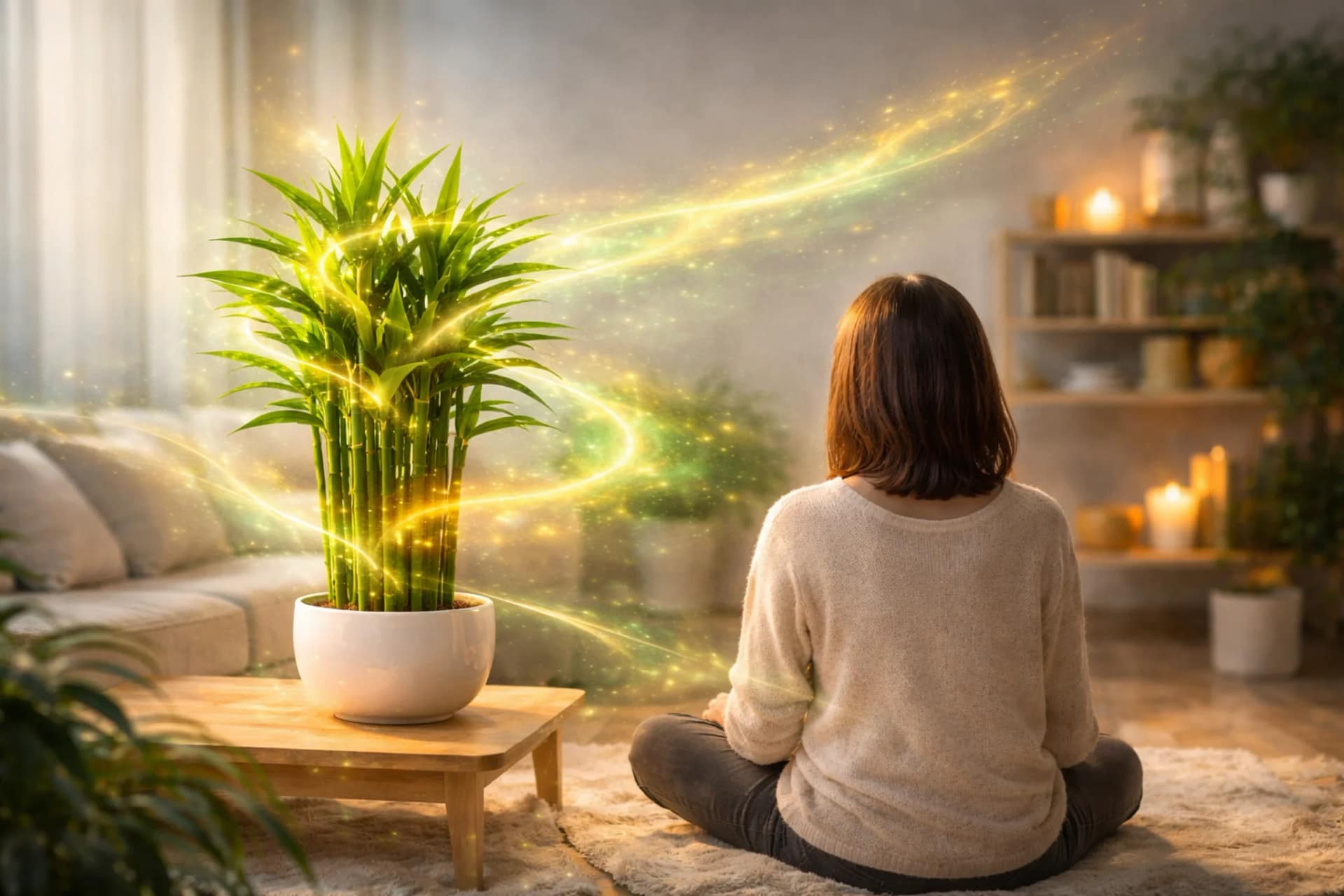 Photographie prise de dos d'une femme méditant sur un tapis de sol, faisant face à une grande plante de bambou en pot. Un sillage lumineux et scintillant d'énergie dorée émane de la plante et l'entoure. L'arrière-plan est un salon chaleureux avec d'autres plantes et des bougies allumées.