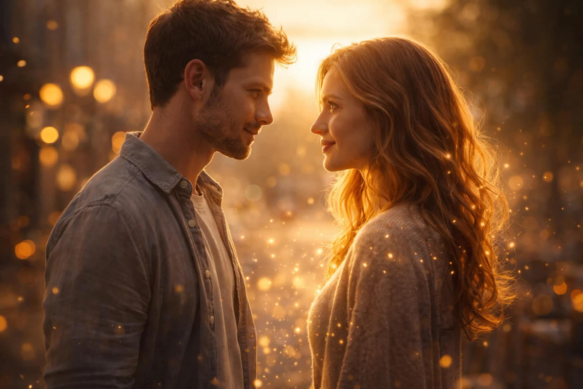 Couple se regardant intensément au coucher du soleil avec une aura lumineuse symbolisant l’amour et la connexion spirituelle