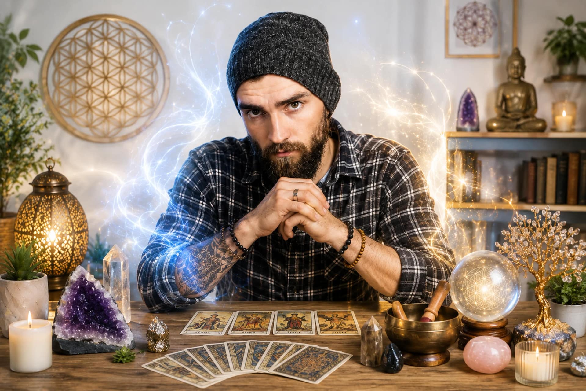 Homme barbu assis devant des cartes de tarot et des cristaux, entouré d’énergies lumineuses dans un cabinet spirituel moderne.
