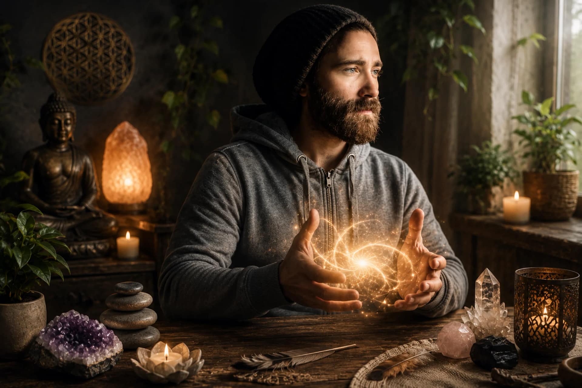 Homme barbu dans un espace zen tenant une énergie lumineuse entre ses mains, entouré de cristaux, bougies et objets spirituels.