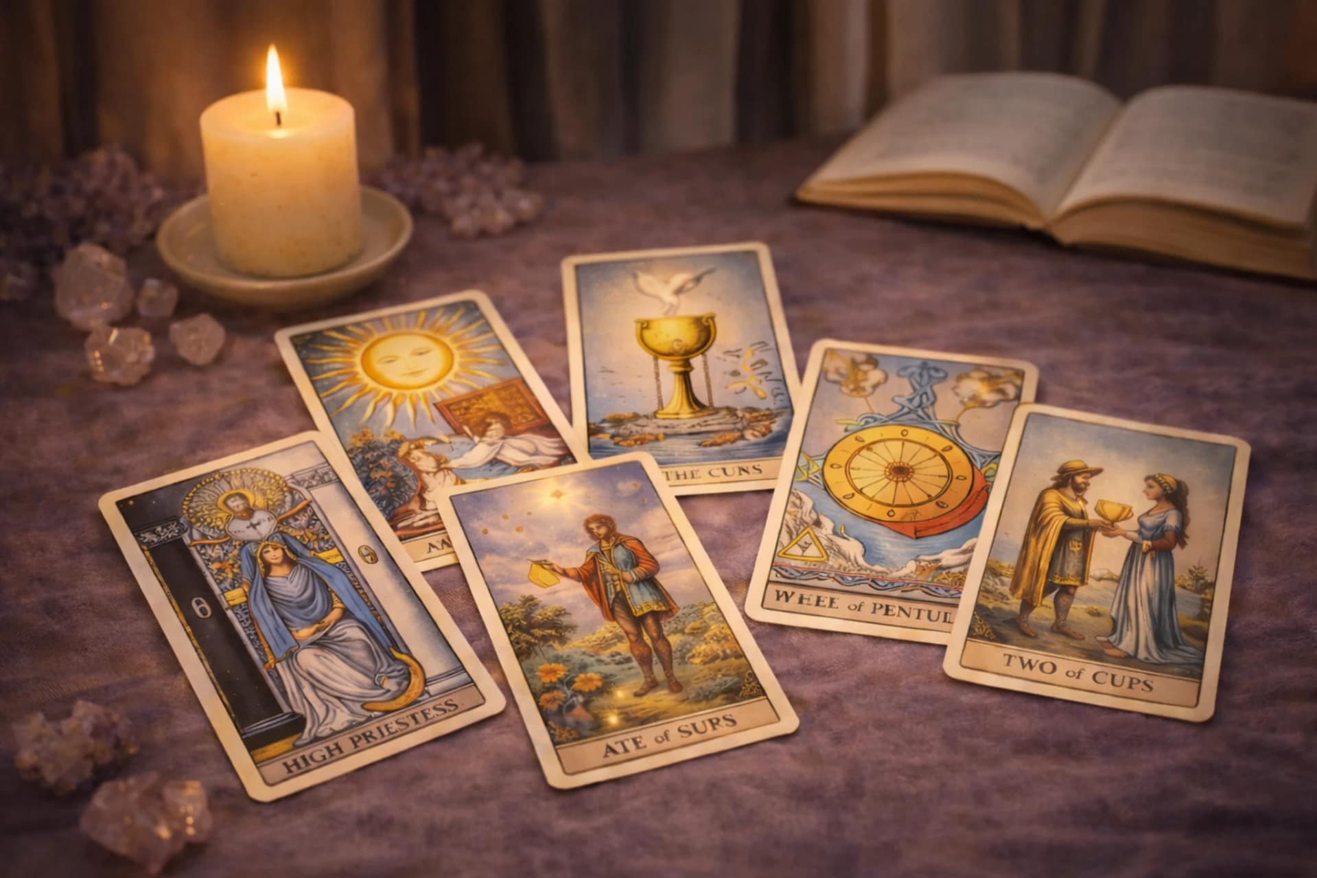 Tirage de tarot divinatoire avec cartes symboliques, bougie et cristaux pour guidance spirituelle et réponses précises