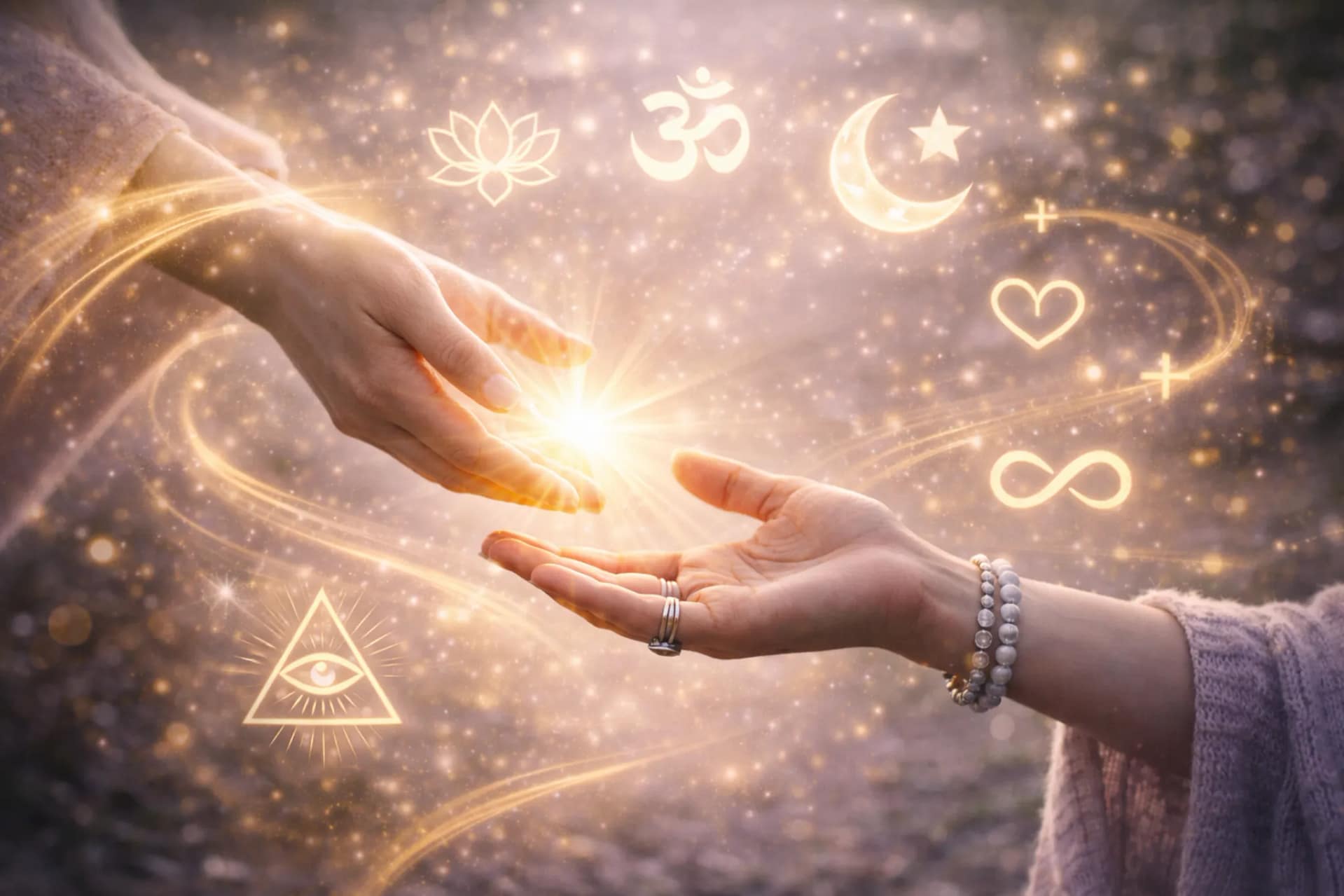 Deux mains se faisant face échangent une lumière dorée symbolisant la transmission d’énergie spirituelle, entourée de symboles sacrés et ésotériques.
