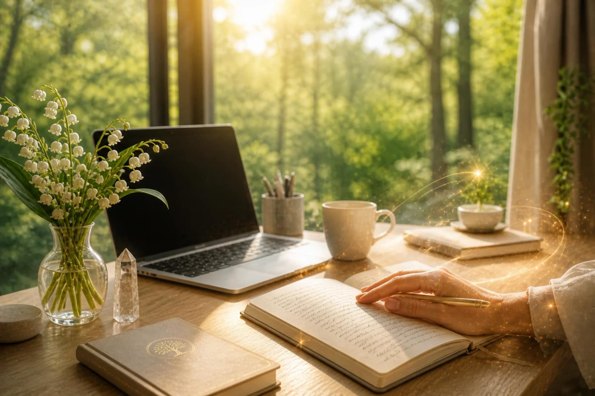 Main écrivant dans un carnet sur un bureau en bois avec ordinateur portable, tasse et fleurs devant une fenêtre donnant sur une forêt lumineuse.