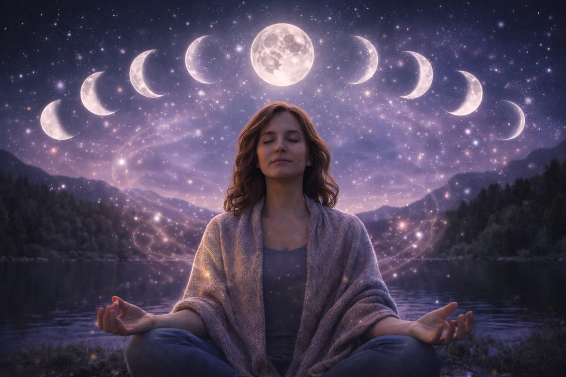 Femme en méditation au bord de l’eau sous les phases de la lune, symbole de spiritualité, d’intuition et d’harmonisation énergétique
