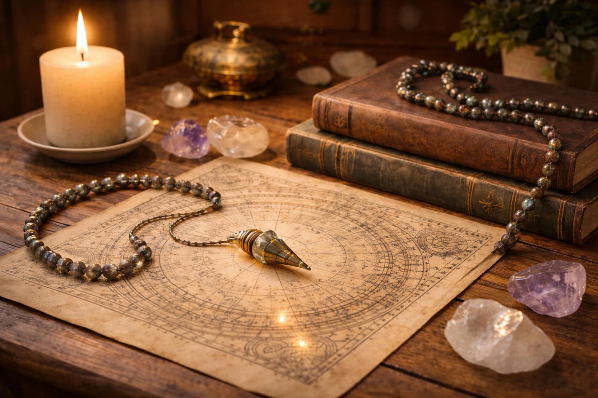 Pendule ésotérique posé sur une carte astrologique entouré de cristaux, livres anciens et bougie, symbolisant la divination et la guidance spirituelle