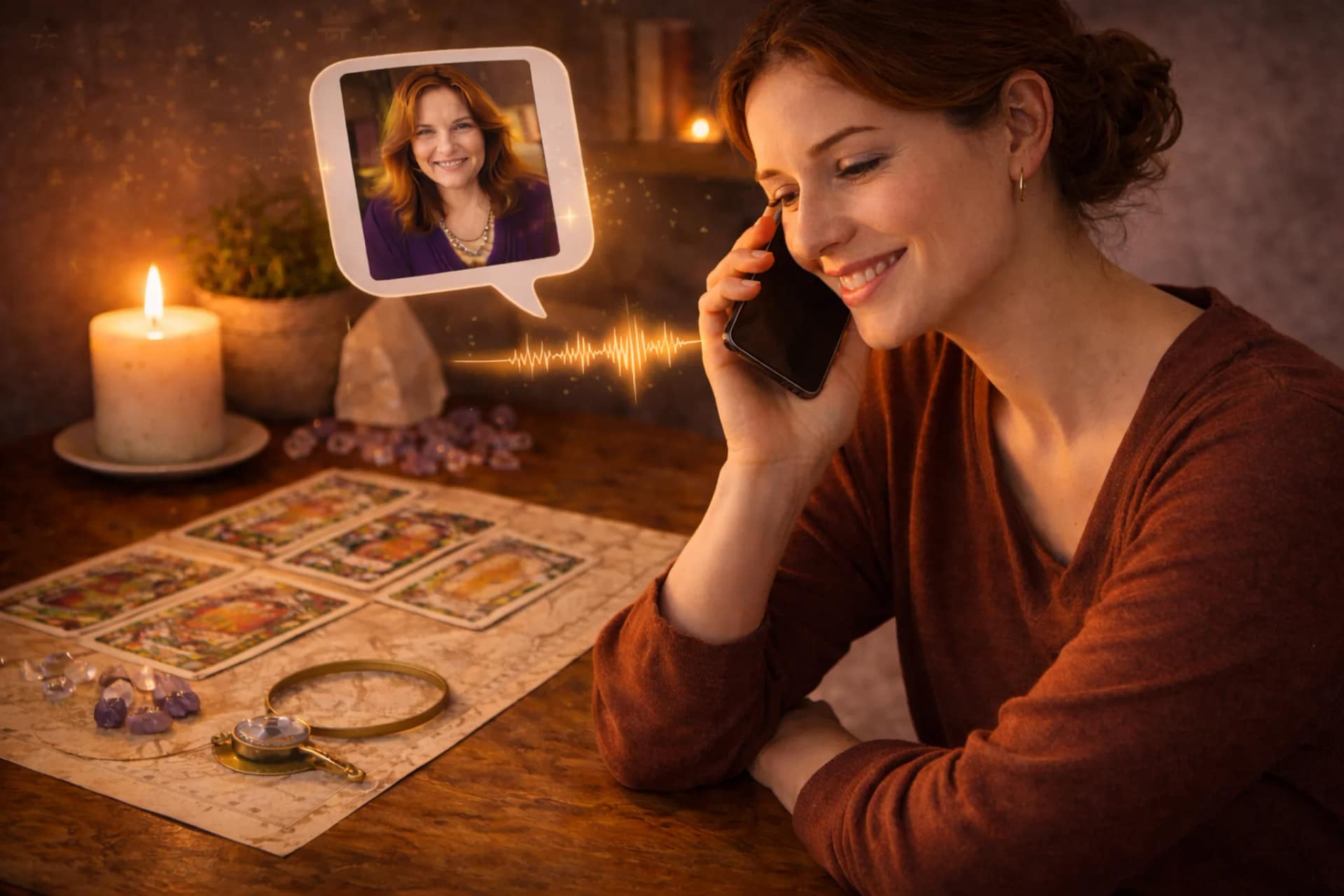 Femme souriante en consultation de voyance par téléphone avec une médium, cartes de tarot et ambiance spirituelle apaisante