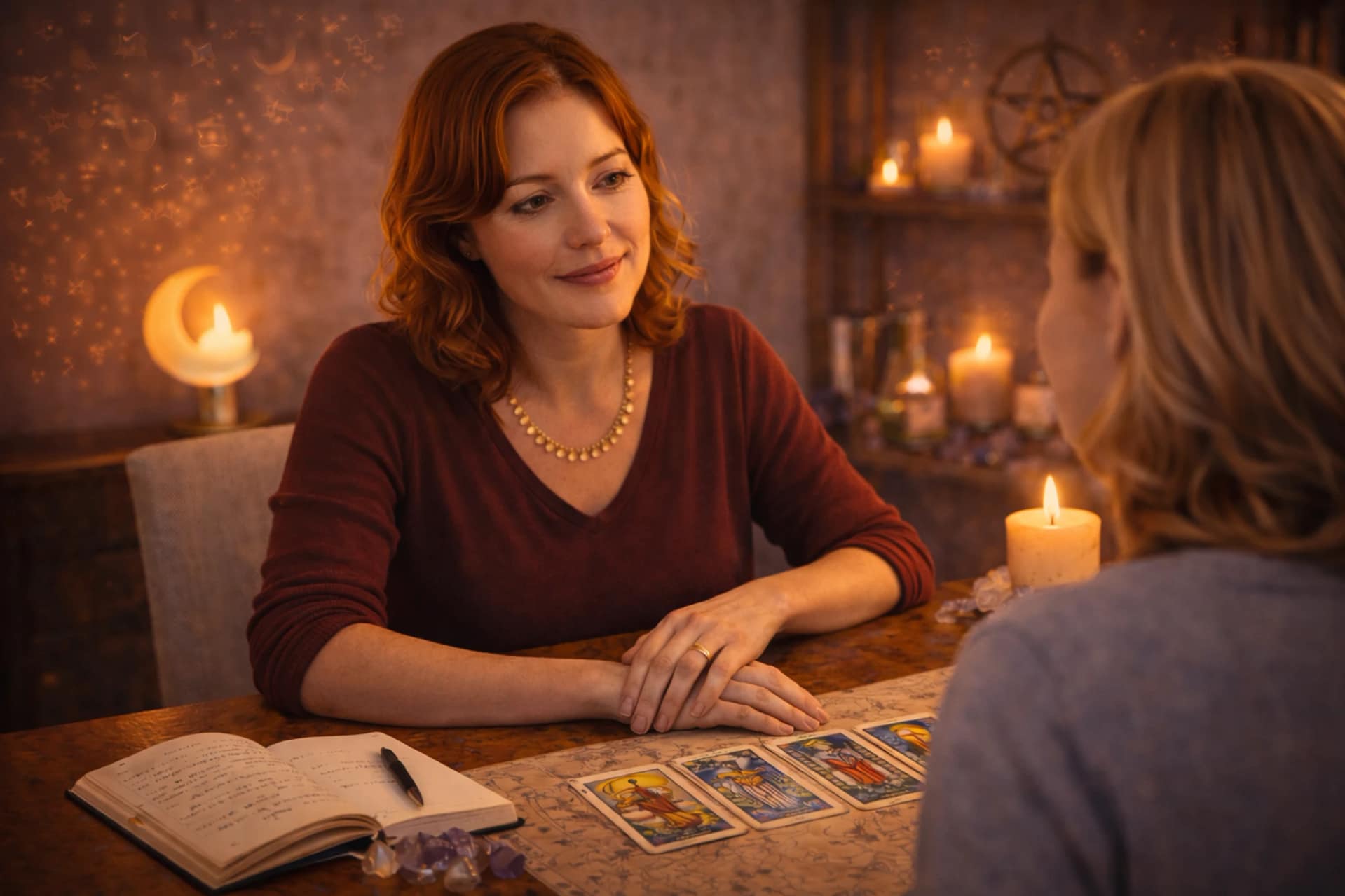 Consultation de voyance en face à face entre une médium et une cliente autour d’un tirage de tarot dans une ambiance chaleureuse