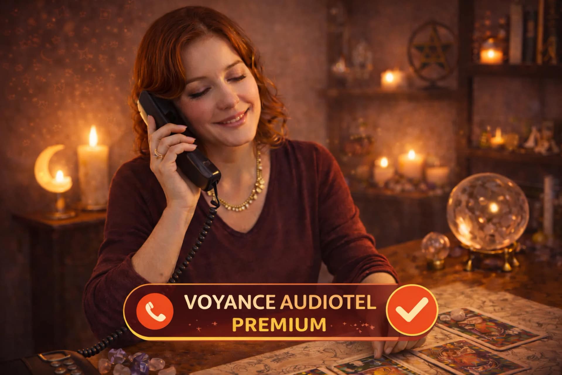 Médium en voyance audiotel premium au téléphone avec cartes de tarot, boule de cristal et ambiance spirituelle rassurante