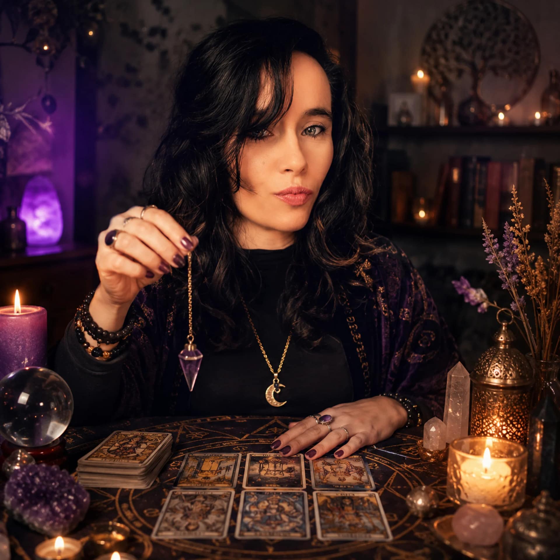 Voyante tenant un pendule violet au-dessus d’un tirage de cartes de tarot dans une ambiance ésotérique éclairée à la bougie.