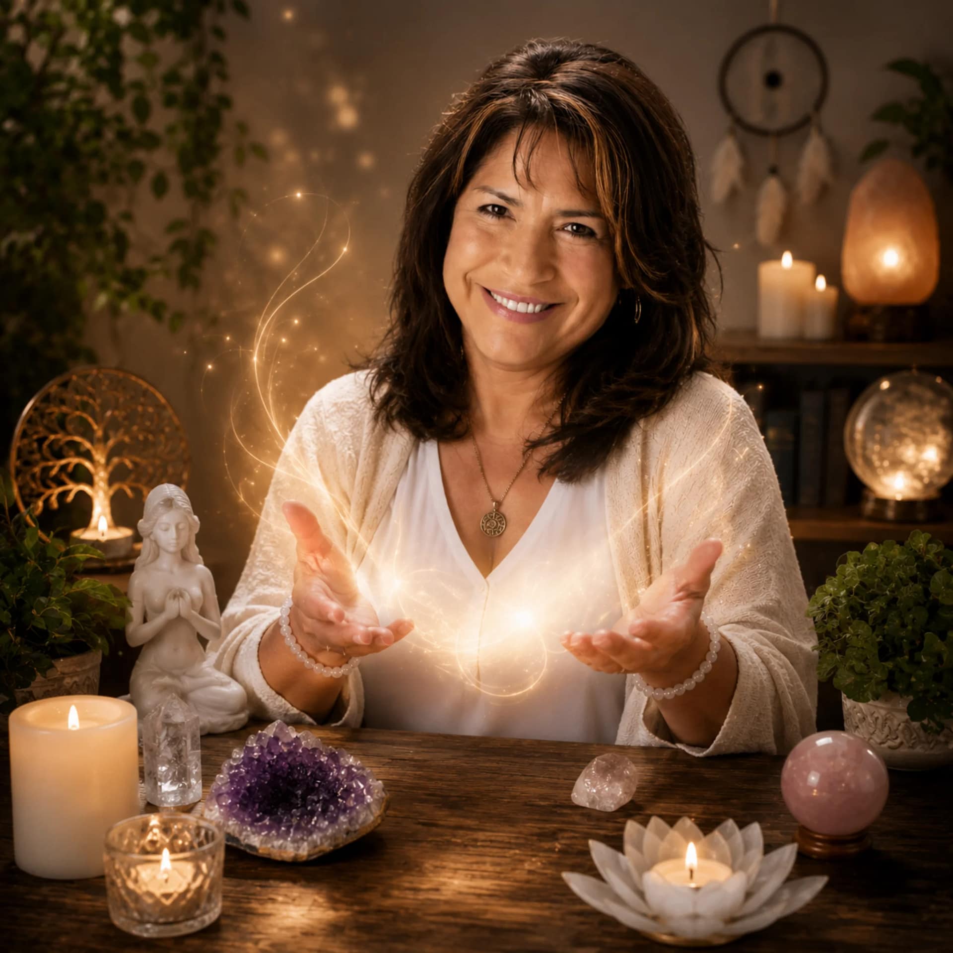 Femme souriante diffusant une énergie lumineuse avec les mains, entourée de bougies, cristaux et objets spirituels dans une ambiance apaisante.