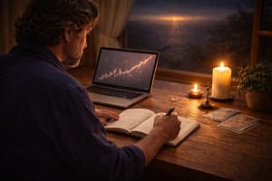 Homme réalisant une analyse de voyance financière avec le tarot, écrivant dans un carnet face à un graphique et des cartes divinatoires à la lumière des bougies