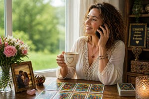 Femme souriante en consultation de voyance par téléphone, tenant une tasse et entourée de cartes de tarot sur une table près d’une fenêtre.