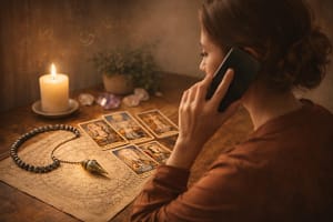 Femme en consultation de voyance par téléphone réalisant un tirage de tarot avec pendule, bougie et support astrologique dans une ambiance spirituelle apaisante