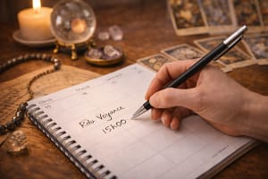 Main écrivant un rendez-vous de voyance dans un calendrier, entourée de cartes de tarot, d’un pendule et d’objets spirituels, symbolisant la planification d’une consultation ésotérique