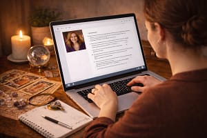 Personne consultant une voyance privée par mail sur ordinateur dans une ambiance spirituelle avec tarot et cristaux