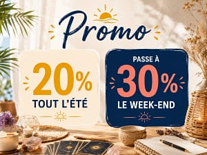 Affiche promotionnelle estivale annonçant une réduction de 20 % tout l’été et une remise de 30 % le week-end, dans une ambiance lumineuse avec cartes, cristaux et décoration chaleureuse.