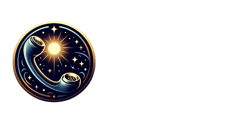 Emblème circulaire avec un combiné téléphonique et une lumière éclatante au centre, entouré d'étoiles et d'éléments cosmiques, parfait pour la voyance par téléphone et la guidance spirituelle.