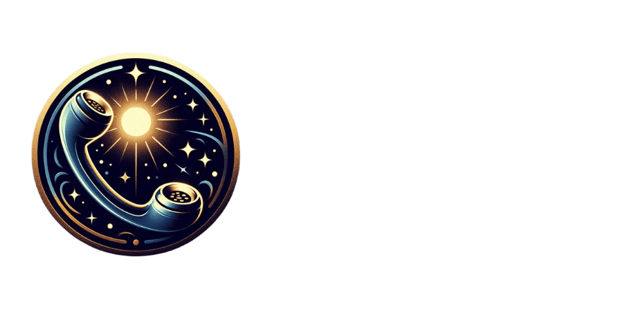 Emblème circulaire avec un combiné téléphonique et une lumière éclatante au centre, entouré d'étoiles et d'éléments cosmiques, parfait pour la voyance par téléphone et la guidance spirituelle.